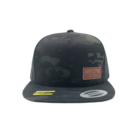 KC Adventure Flat Bill Snapback Hat - Leather Patch - Black MultiCam - One Size